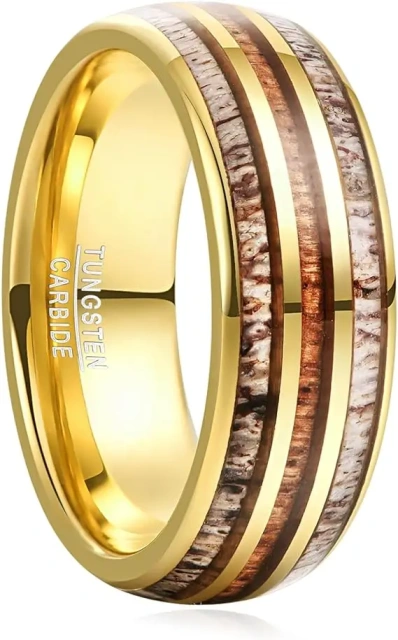 Men Luxury Ring 8mm Vintage Style Antler Wedding Band Men Tungsten Carbide Ring With groove Inlay Antler and Wood Comfort Fit