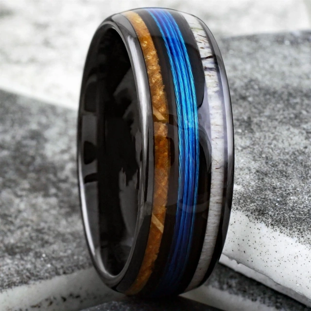 Wholesale Bulk Fine Jewelry Fashion New Design Blue Stainless Steel Fishing Line Black Plated Men Rings