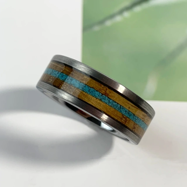 Ouyuan Jewelry 8mm Gunmetal Tungsten Ring for Men Women Crushed Turquoise Koa Wood Inlay Fashion Engagement Wedding Band