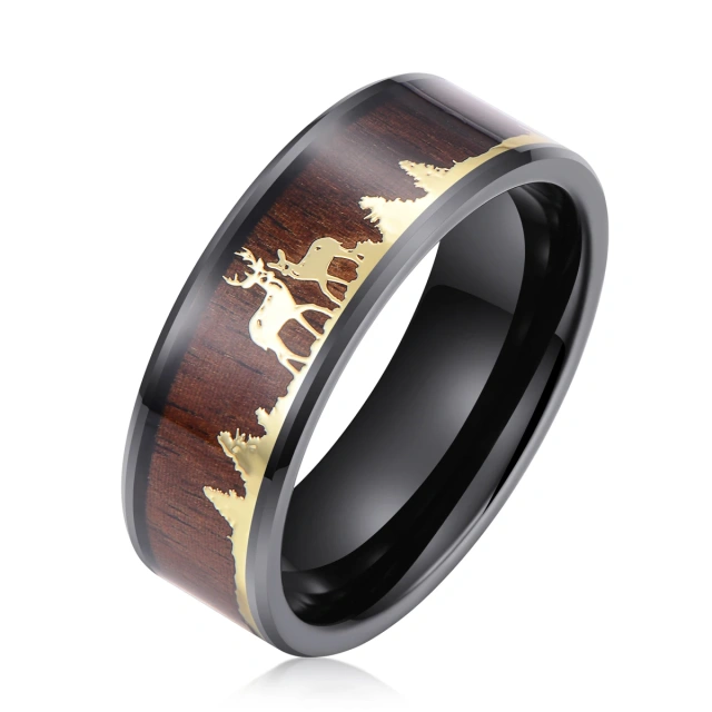 Wholesale 8mm Black Tungsten Finger Ring Men Women Fashion Engagement Wedding Band Antler Whiskey Barrel Koa Wood Inlay Comfort