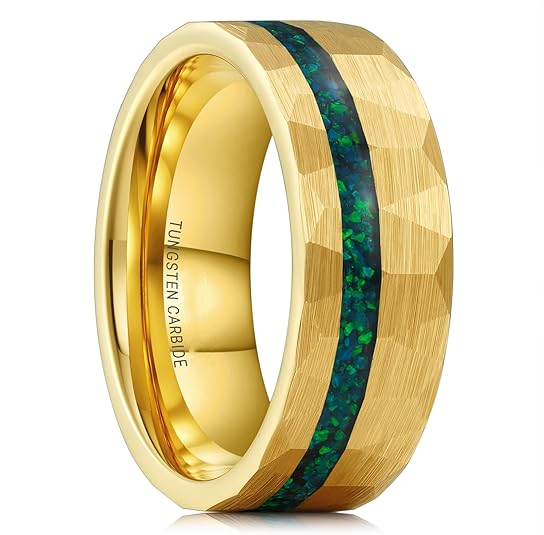 8mm Opal Inlay Hammered 18K Gold Tungsten Ring for Men Women Fashion Wedding Band Promise Rings Comfort Fit