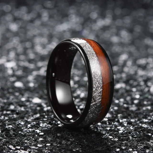 Domed High Polished 8mm Tungsten Rings Silver Meteorite Sticker Wood&Arrow Inlay Tungsten Carbide Men Rings Wedding Band