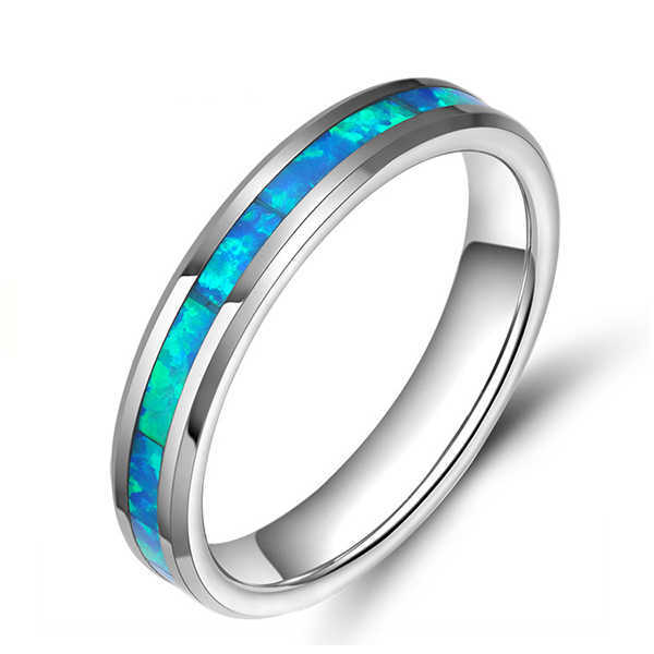 2025 Guangzhou Jewelry 4mm Blue Genuine Opal Inlay  Tungsten Ring for Women Men Engagement Wedding Band