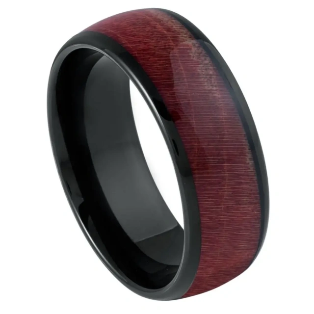 Ouyuan Jewelry Fashion Men Black and Gold Plated Tungsten Ring Inlay Whisky Koa Wood Wedding Band Unsex Ring