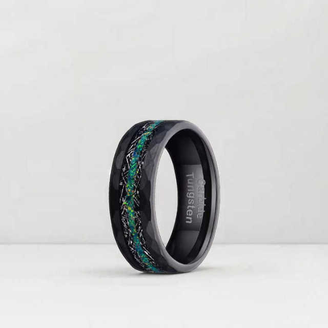 Mens Jewelry Fashion Custom Meteorite Tungsten Ring Green Opal Inlay Black 8mm Hammered Wedding Band for Men