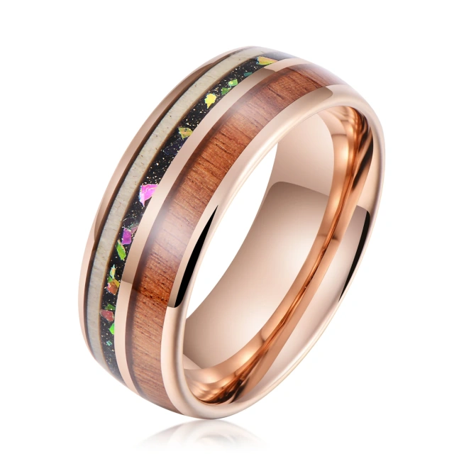 Guangzhou Wholesale Fine Jewelry 8mm Stone Wood Inlay Silver Tungsten Ring for Men Fashion Engagement Wedding Band