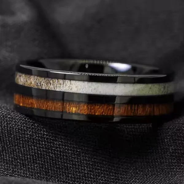 Wholesale Fashion Jewelry Rings Custom Antler Whiskey Barrel Wood 8mm Black Tungsten Ring Wedding Rings Couple Set