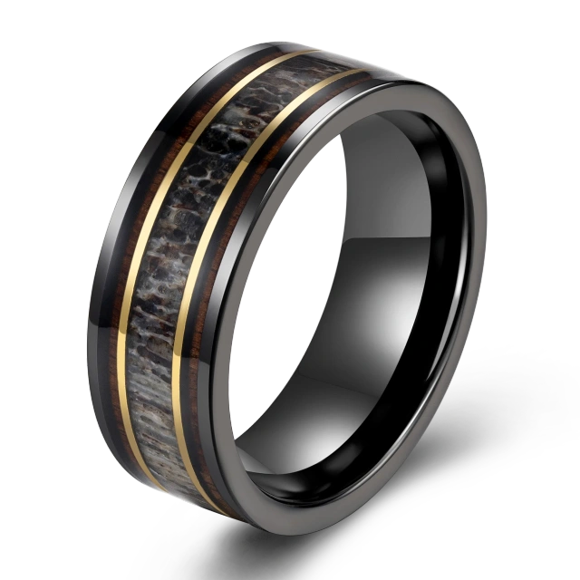 Polished Black Plated Luxury Jewelry Men Tungsten Carbide Ring With Anlter Inlay Mens Tungsten Wedding Ring