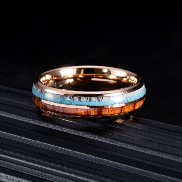 Wholesale 6mm Fine Jewelry Rings Antler Wood Opal Inlay Rose Gold Tungsten Ring Men Women Engagement Wedding Band