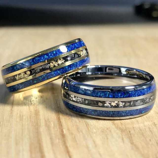 Hot Sale 8mm Blue Opal Meteorite Inlay Silver Gold Plated Tungsten Ring Men Rings Women Wedding Band Rings comfort Fit