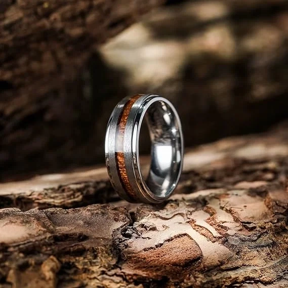 Jewelry Rings Custom 8mm Irregularly Brushed Center Teak Wood Inlay Silver Tungsten Ring Brand for Men Rings