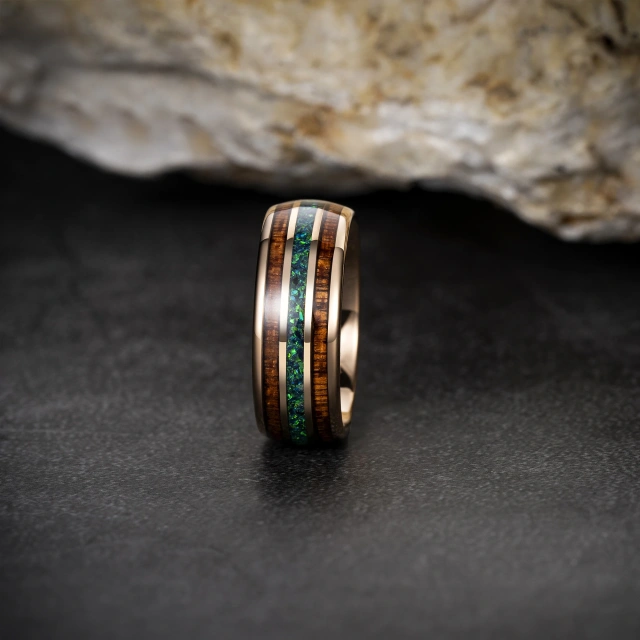 Hot Sale Fashion Jewelry Rings Custom  Rose Gold 8mm Natural Wood Opal Inlay Tungsten Ring for Men Rings comfort Fit