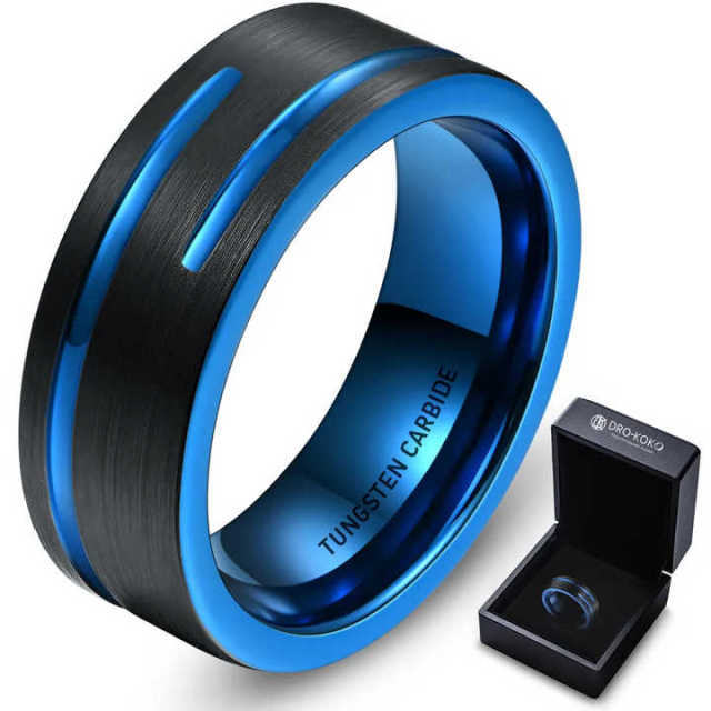 Ouyuan Wholesale Custom 8mm Grooved Brushed Black Tungsten Wedding Band Comfort Fit