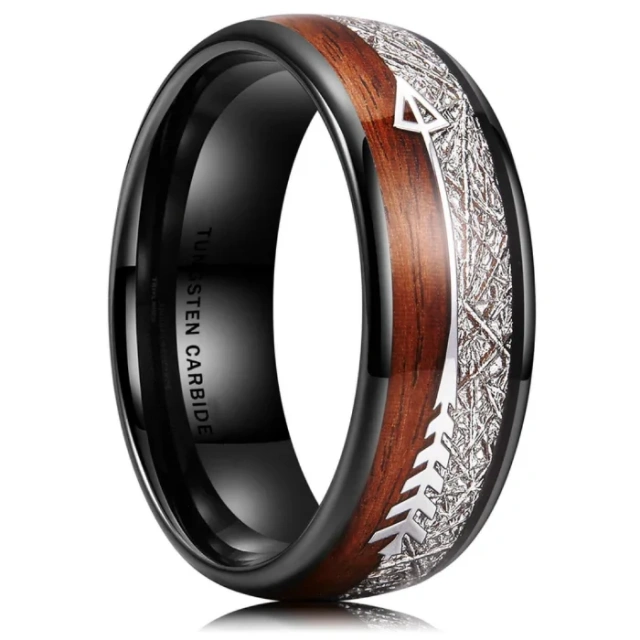 Domed High Polished 8mm Tungsten Rings Silver Meteorite Sticker Wood&Arrow Inlay Tungsten Carbide Men Rings Wedding Band