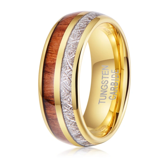 8mm Gold Plated Tungsten Ring With Koa Wood Imitated Meteorite Inlay