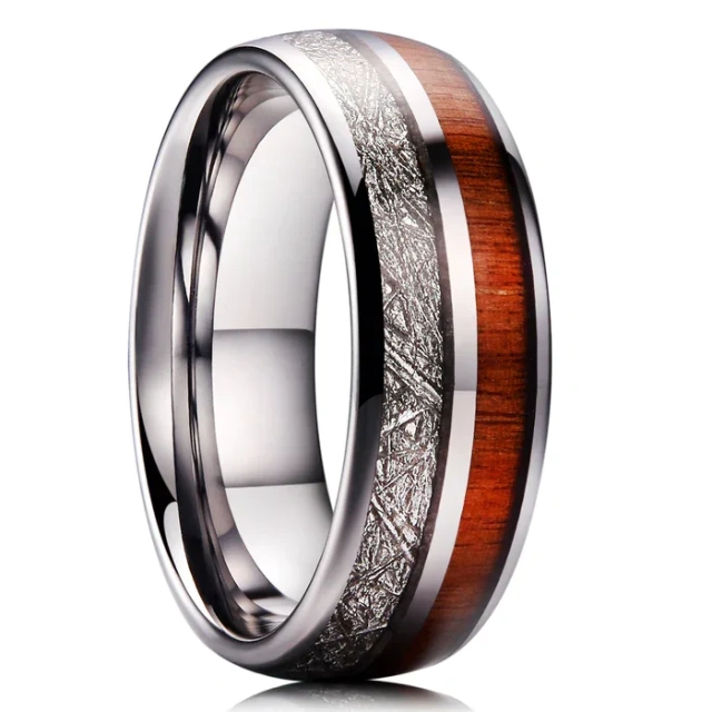 Wholesale Custom 8mm Silver Tungsten Carbide Finger Ring Men Women Couple Koa Wood Inlay Comfort Fit