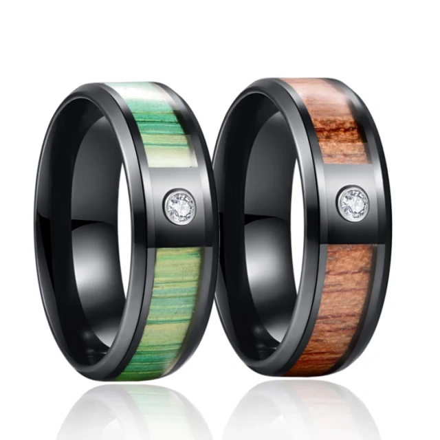 Guangzhou Fine Jewelry 8mm Tungsten Carbide Steel Men Ring Kao Wood CZ Stone Inlay Ring Wedding Rings Couple Set