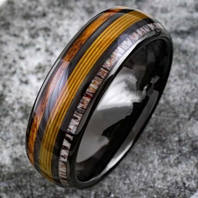 Fashion Yellow Fishing Line Ring With Elk Antler and Makore Wood Tungsten Carbide Blank Ring for Men