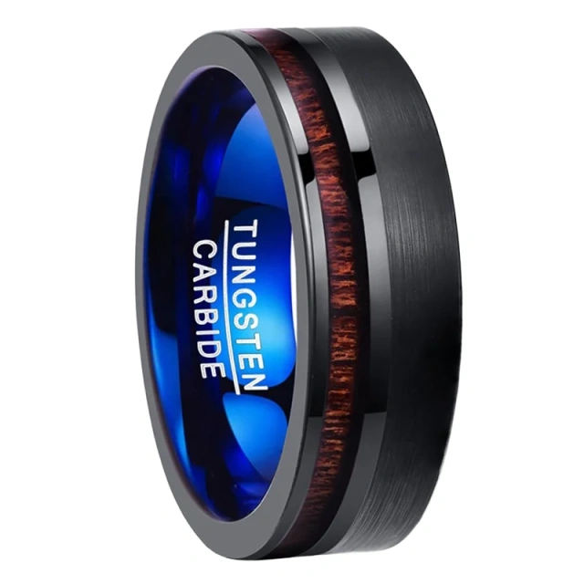 China Supplier Daily Black Black Koa Wood Inlay Tungsten Carbide Rings for Men Wedding Rings Fashion Rings 8mm