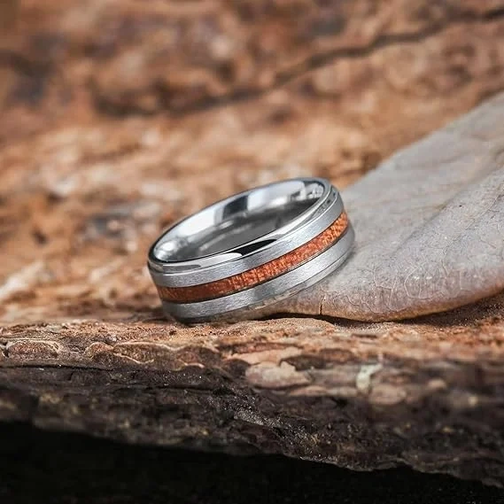 Jewelry Rings Custom 8mm Irregularly Brushed Center Teak Wood Inlay Silver Tungsten Ring Brand for Men Rings