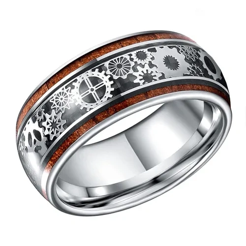 New Rings Silver Plated Inlay Gear and Wooden for Men's Jewelry Tungsten Carbide Rings