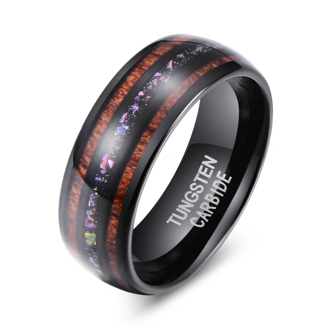 Vintage Dome Black Acacia Wood Opal Tungsten Ring Personalized Fashion Jewelry for Men and Women's Engagement and Wedding