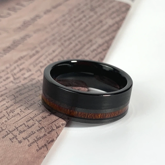 8mm Mens Wedding Black Tungsten Ring With Wood Offset Inlaid