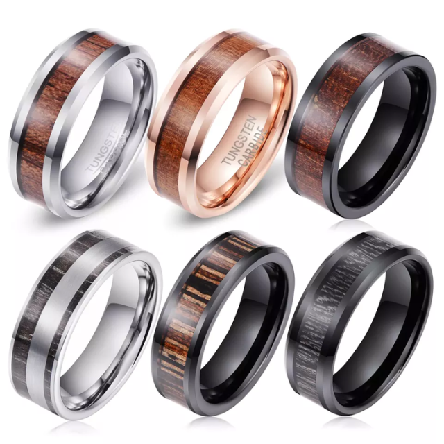 Wholesale Fashion Rings 8mm Koa Wood Inlay Punk Black Tungsten Rings for Men Women Engagement Wedding Band Comfort Fit