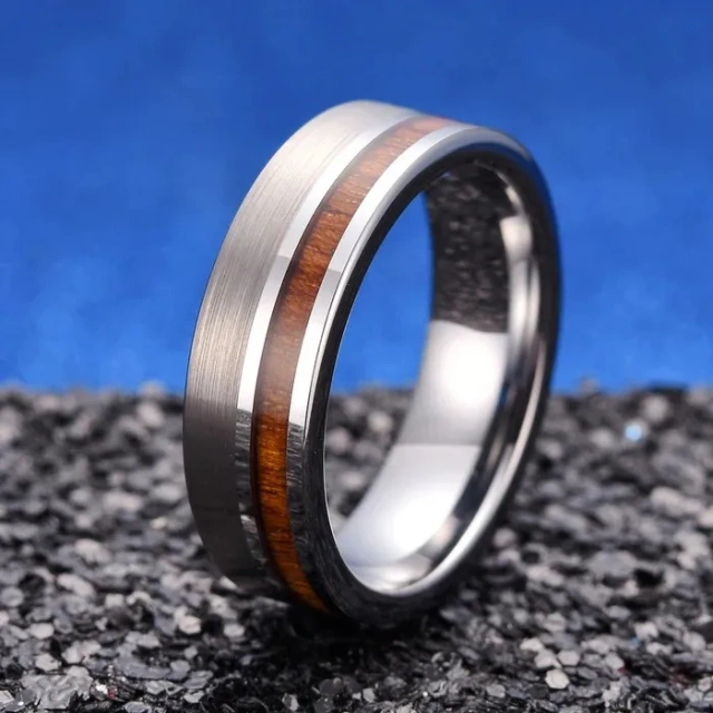 Brushed Finish 8mm Tungsten Men Ring With Narrow Wood,Koa Wood Tungsten Ring