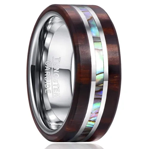 8mm Tungsten Ring for Men Women Black Abalone Shell Koa Wood Inlay Classic Fashion Jewelry for Engagement Wedding for Gift Party
