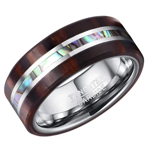 8mm Tungsten Ring for Men Women Black Abalone Shell Koa Wood Inlay Classic Fashion Jewelry for Engagement Wedding for Gift Party