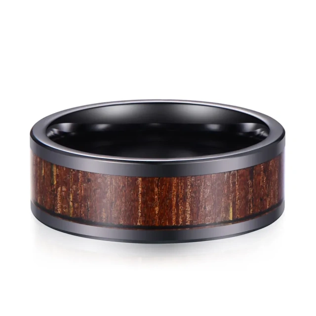 Ouyuan Fashion Jewelry 8mm Black Oak Wood Inlay Custom Ceramic Rings Tungsten Rings for Men Wedding Rings