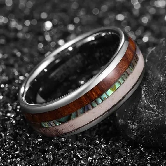 Ouyuan Jewelry Wood and Shell Inlay Silver Plated 8mm Dome Tungsten Carbide Men Ring Fashion Jewelry Wedding Band comfort It