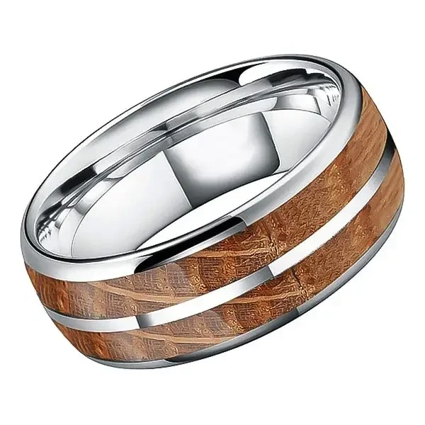 Jewelry 8mm Whisky Barrel Oak Wood Inlay Tungsten Carbide Ring for Men Women Fashion Engagement Wedding Band