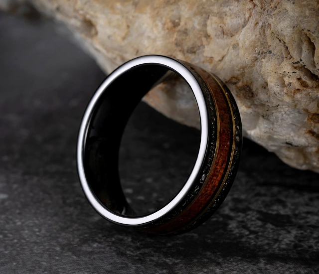 Koa Wood Black Meteorite Tungsten Carbide Rings With Coffee Plating