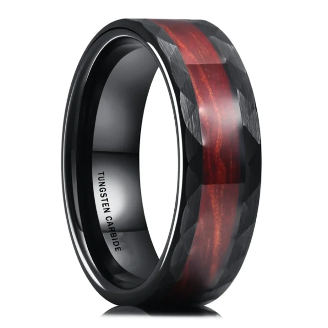 Fashion Jewelry Nature Koa Wood Inlay Hammered Multi-faceted Finish Edge 8mm Black Tungsten Carbide Ring for Men Rings
