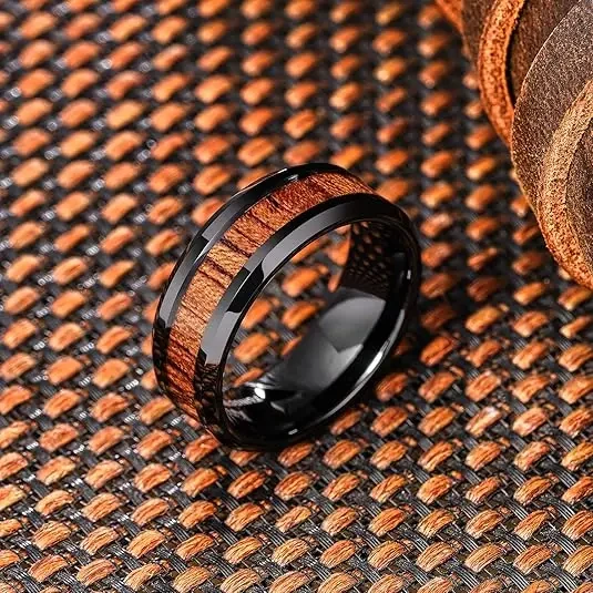 Fashion Jewelry 8mm Nature Koa Wood Inlay Black Tungsten Ring for Men Wedding Ring High Polished Anniversary Rings
