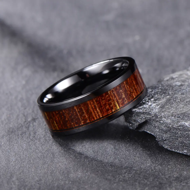 Ouyuan Fashion Jewelry 8mm Black Oak Wood Inlay Custom Ceramic Rings Tungsten Rings for Men Wedding Rings