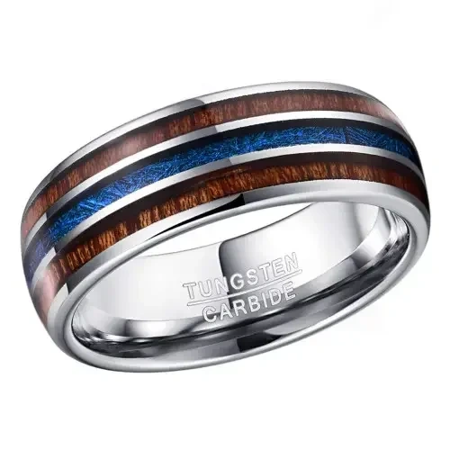 Hot Sale Fine Jewelry 8mm Natural Wood Inlay Men Silver Tungsten Ring comfort Fit