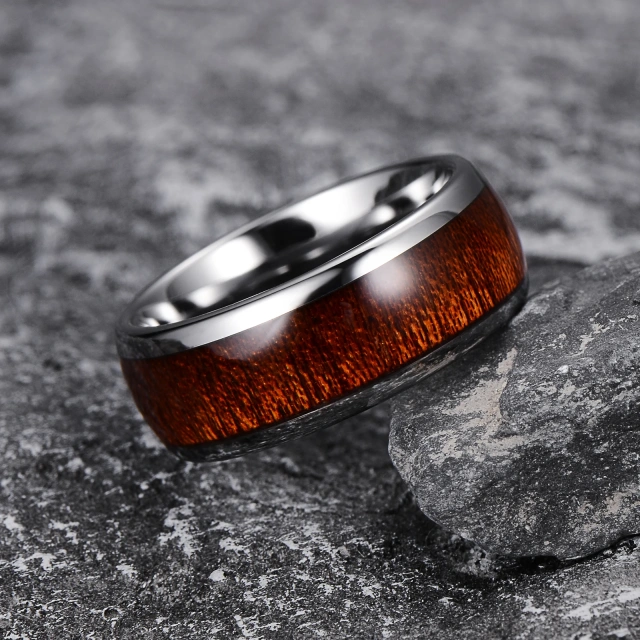 Guangzhou Wholesale Fashion Rings 8mm Koa Wood Inlay Dome Tungsten Carbide Finger Ring Men Women Couple Comfort Fit