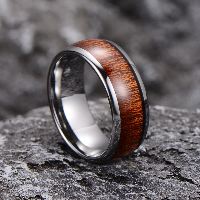 Guangzhou Wholesale Fashion Rings 8mm Koa Wood Inlay Dome Tungsten Carbide Finger Ring Men Women Couple Comfort Fit