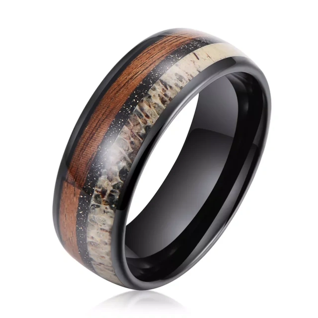 8mm Wholesale Fashion Whisky Wood Deer Antler Inlay Black Tungsten Ring for Men Engagement Wedding Band comfort Fit
