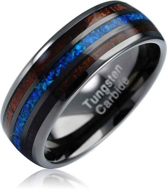 Ouyuan Jewelry Wholesale Price Hawaii Koa Wood and Blue Opal Inlay Tungsten Carbide Ring Men Fashion Rings