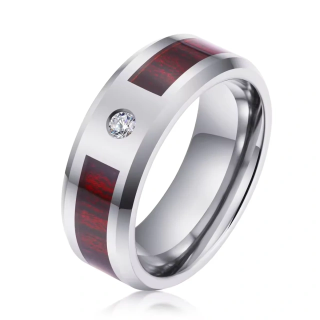 Guangzhou Wholesale Fine Jewelry 8mm Stone Wood Inlay Silver Tungsten Ring for Men Fashion Engagement Wedding Band