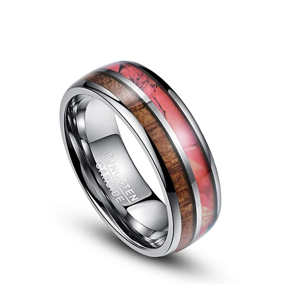 Factory Direct Sales Silver 8mm Tungsten Carbide Finger Ring Koa Wood Inlay Couple Engagement Wedding Bands