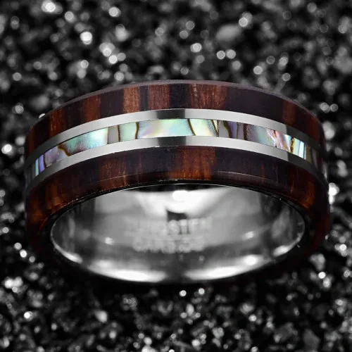 8mm Tungsten Ring for Men Women Black Abalone Shell Koa Wood Inlay Classic Fashion Jewelry for Engagement Wedding for Gift Party