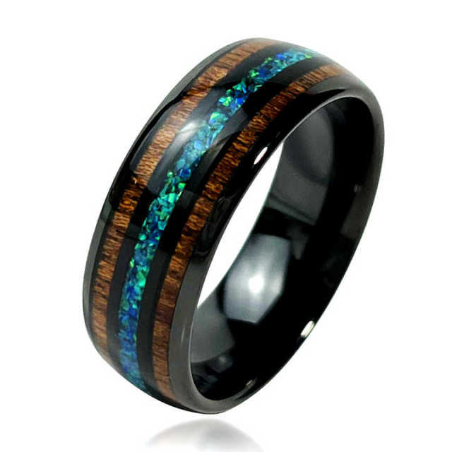 Black Hawaii Koa Wood and Blue Opal Inlaid Tungsten Carbide Ring Hemispherical Wedding Ring Comfort Fit