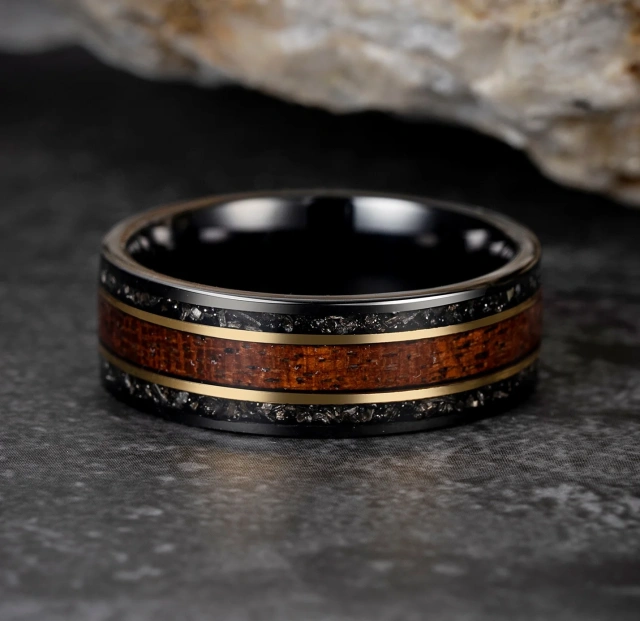 Koa Wood Black Meteorite Tungsten Carbide Rings With Coffee Plating