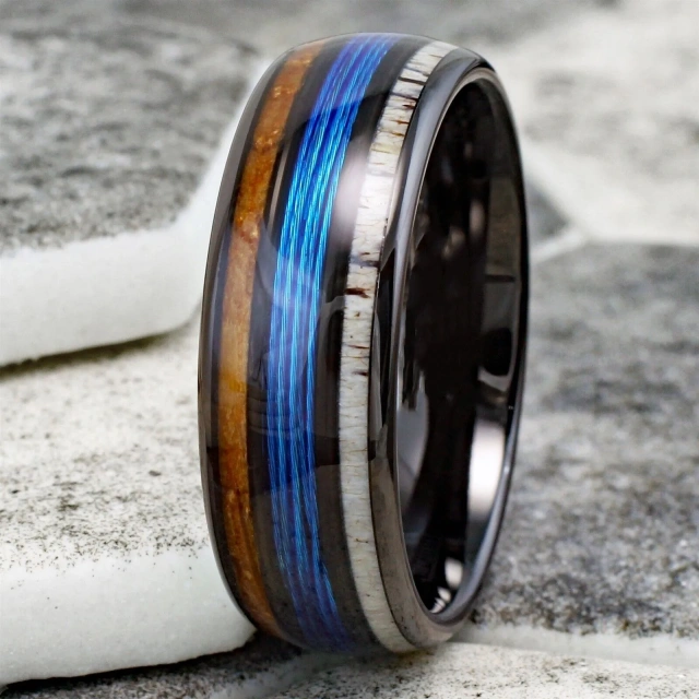 Wholesale Bulk Fine Jewelry Fashion New Design Blue Stainless Steel Fishing Line Black Plated Men Rings