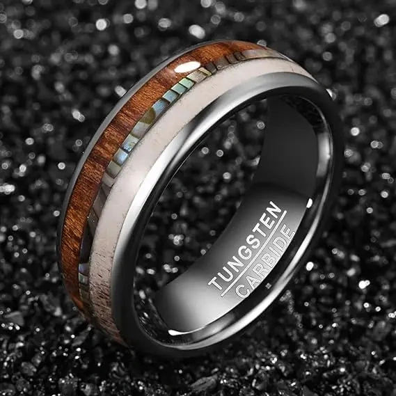 Ouyuan Jewelry Wood and Shell Inlay Silver Plated 8mm Dome Tungsten Carbide Men Ring Fashion Jewelry Wedding Band comfort It